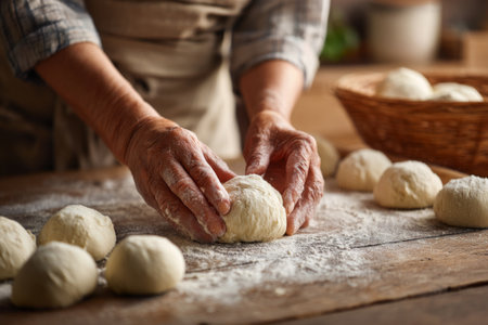 Hands work with soft dough, shaping it into small balls on a floured wooden table. The warm, inviting kitchen is filled with fresh ingredients and a serene atmosphere.の素材