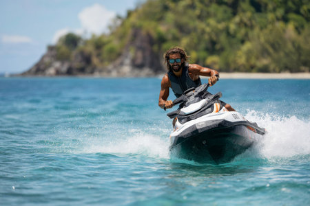 A man rides a jet ski through vibrant turquoise water near a tropical island. Sunlight shines down, creating a lively and adventurous atmosphere in the outdoor setting.の素材