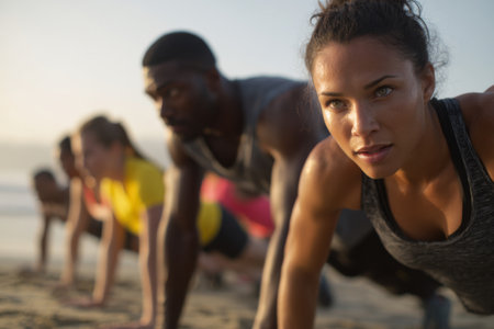 A group of men and women participate in a morning fitness session on the sandy beach as the sun rises, focusing on push-ups under a clear sky.の素材
