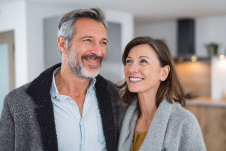 A couple stands close to each other in a cozy, modern living space. They smile warmly, sharing a joyful moment in the afternoon light. The interior is stylish and inviting.の素材