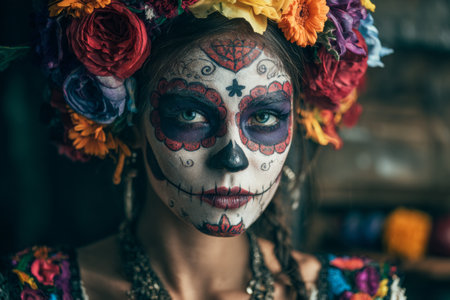 A woman with intricate sugar skull makeup and vibrant floral headpiece stands in traditional attire. The background features rich colors reflecting a cultural festival atmosphere.の素材