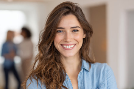 A woman with long hair smiles warmly while standing in a well-lit room. She is wearing a casual blue shirt and appears friendly. Other people can be seen in the background chatting.の素材
