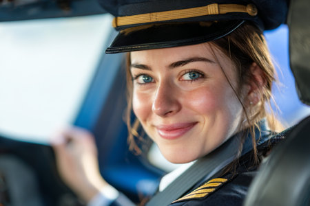 A young female pilot sits in the cockpit ready for flight, showcasing her cheerful demeanor and professional uniform. Rays of light illuminated her focused expression.の素材