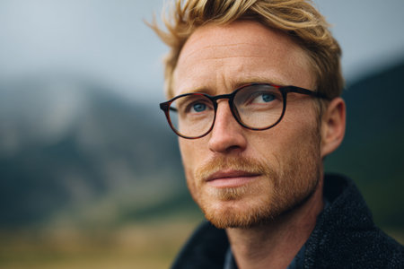 A young man with blond hair and glasses stands in a picturesque location surrounded by mountains. His expression shows contemplation against a cloudy sky.の素材