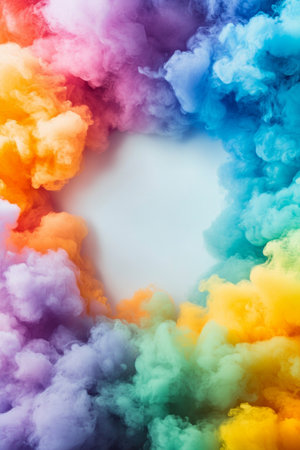 Vibrant clouds in shades of pink, blue, orange, and green frame a blank space in the center, offering a colorful backdrop for various creative projects. This artwork shines with brilliance.の素材