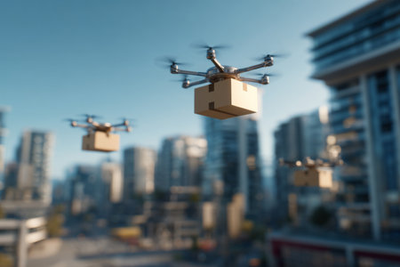 A group of drones transports packages above a bustling city. Skyscrapers and modern buildings create a vibrant backdrop, showcasing advanced technology in urban delivery systems.の素材
