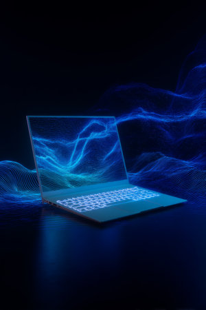 A sleek laptop is displayed in a dark setting, illuminated by vibrant blue light patterns that suggest digital movement and innovation. The waves around it create a futuristic atmosphere.の素材