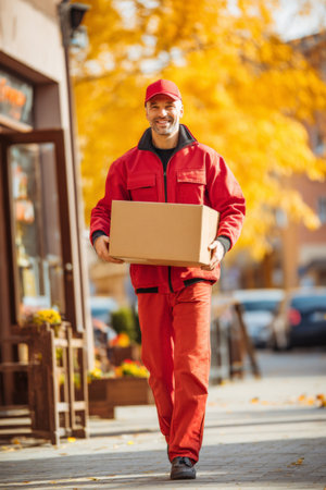 A delivery worker dressed in bright red walks happily down a city street. The trees are adorned with golden and orange leaves, creating a cheerful autumn atmosphere.の素材