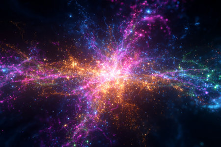 A bright display of colors in the universe features swirling patterns of light and energy representing celestial bodies. This cosmic scene captures the beauty of space.の素材