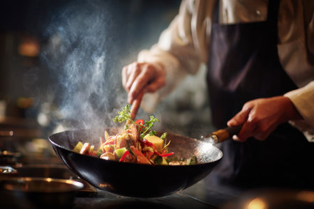 A chef skillfully tosses colorful vegetables and seafood in a large wok, creating steam in a bustling restaurant kitchen. The atmosphere is lively as dinner service is underway.の素材