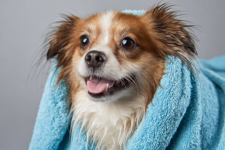 A cheerful dog with fluffy fur is snugly wrapped in a blue towel after a refreshing bath. The pet looks content and playful, enjoying its cozy time at home.の素材