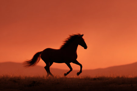 A horse runs freely across an open field as the sun sets in the background, casting warm colors in the sky. The scene captures the spirit of nature and freedom at dusk.の素材