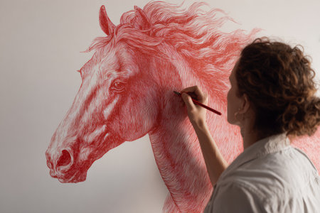 An artist focuses on drawing a majestic horse using a red pencil on a white wall. The studio is bright and airy, enhancing the vibrant artwork.の素材