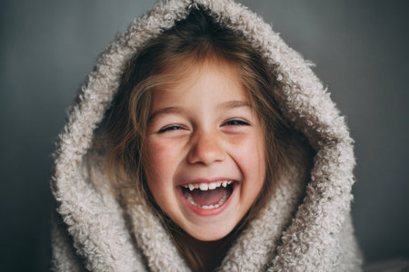 A young girl is wrapped in a soft, fluffy blanket, laughing happily. Her bright smile and joyful expression create a warm atmosphere in a cozy indoor space during winter.の素材