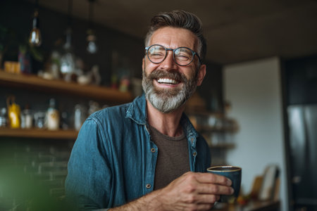 A joyful man with glasses and a beard smiles while holding a coffee cup in a stylish kitchen. The cozy setting features warm lights and modern decor, adding to the relaxing atmosphere.の素材