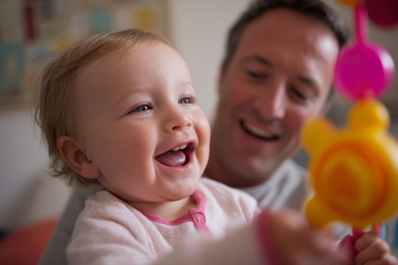 A joyful baby laughs while playing with a colorful toy, sitting in a comfortable living room. A smiling father interacts closely, creating a warm connection in their shared space.の素材