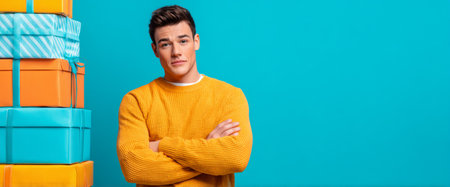 A young man dressed in a bright yellow sweater stands with his arms crossed next to colorful gift boxes. The backdrop features a bold turquoise color that adds to the festive mood.の素材