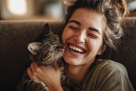 A girl laughs joyfully while cuddling her tabby cat in a warm, inviting space. The affectionate bond is clear as the cat gives a playful kiss on her cheek.の素材