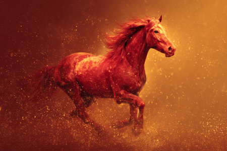 A vibrant red horse runs gracefully through a shimmering golden background. The scene captures the power and elegance of the animal in motion, surrounded by a magical atmosphere.の素材