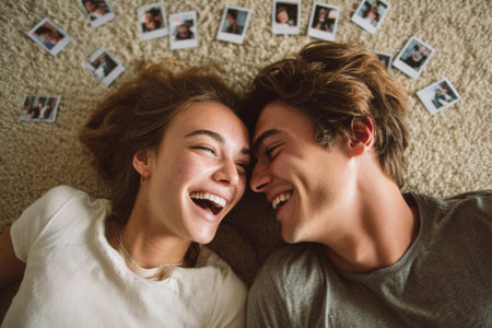 Two young adults laugh while lying closely together on a soft carpet. Around them are scattered polaroid pictures capturing fun memories. The atmosphere feels warm and intimate.の素材
