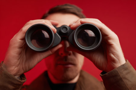 A man stands with binoculars in hand, squinting slightly as he peers through them. The bright red background enhances the focused expression on his face, highlighting his curiosity.の素材