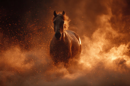 A powerful horse runs through swirling golden dust as the sun sets. The scene captures the energy and beauty of the moment, creating a stunning visual experience.の素材