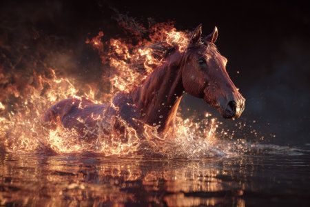 A strong horse charges through water, flames surrounding it, creating an impressive scene of power and grace. The vibrant colors contrast against the dark background.の素材