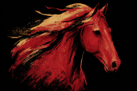A red horse stands boldly against a dark backdrop. Its flowing mane swirls dramatically, illustrating movement and power. This artwork evokes a sense of freedom and grace.の素材