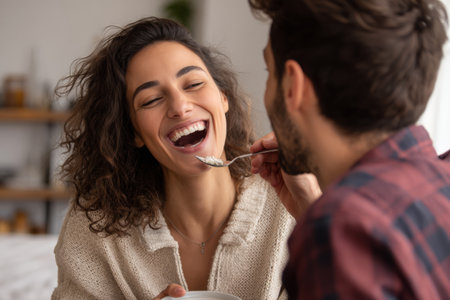 A cheerful couple sits close together, laughing and enjoying breakfast as one feeds the other. The warm and inviting room adds to the happiness of their shared moment.の素材