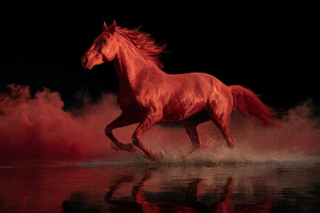A striking red horse runs gracefully through shallow water, creating splashes as it moves. The scene is enhanced by swirling red mist and the soft glow of dusk.の素材