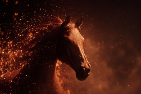 A powerful brown horse stands proudly with its mane flowing in a dramatic scene filled with glowing sparks and dark surrounding. The atmosphere ignites with energy and motion.の素材
