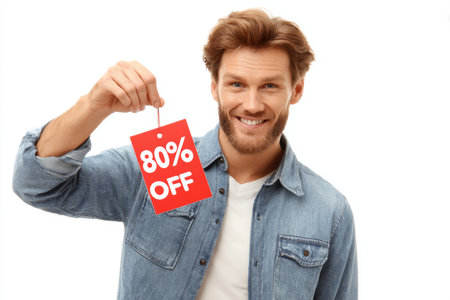 A man with a cheerful expression holds a bright red tag that states 80 percent off. He wears a denim jacket and a white shirt, promoting a sale with enthusiasm.の素材