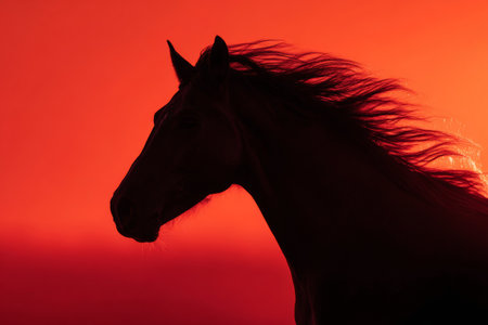 A strong horse stands in profile with a flowing mane, outlined against a stunning sunset. The bright, warm colors fill the sky, creating a dramatic backdrop for the scene.の素材