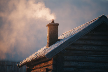 A warm and inviting cabin is shown with smoke billowing from its chimney, surrounded by a serene winter landscape under the soft glow of sunset. Frost covers the roof.の素材
