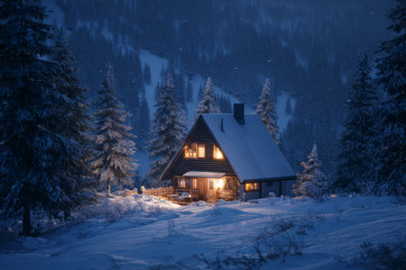 A quaint cabin stands in a snowy forest landscape. Its warm light shines through the windows, creating a peaceful atmosphere in the winter evening. Tall trees surround the cabin.の素材