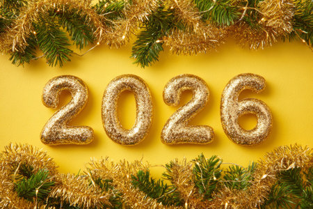 Golden numbers representing 2026 are placed on a bright yellow background decorated with shiny tinsel and pine branches. This scene evokes a festive atmosphere for the New Year celebration.の素材