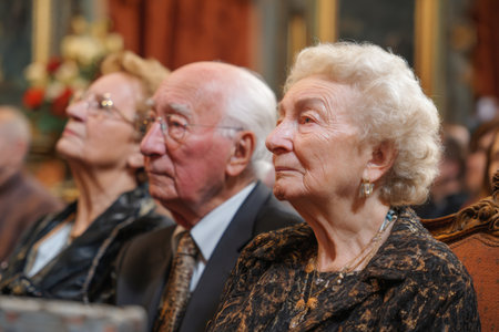A group of elderly individuals sits closely together in a historic venue, attentively engaging in a solemn event. Their thoughtful expressions reflect the significance of the moment.の素材
