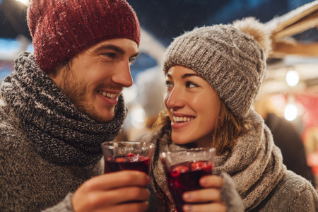 A young couple smiles warmly at each other while toasting with mugs filled with a hot, red beverage at an outdoor market. The atmosphere is cozy and festive.の素材