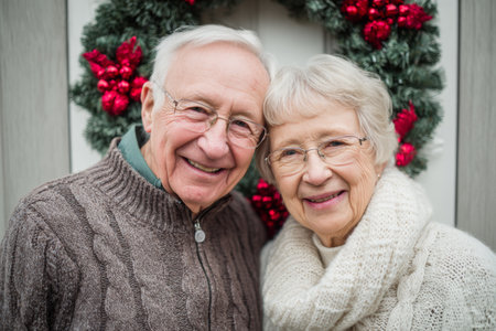 Two seniors stand closely together, smiling happily in a cozy sweater and scarf, surrounded by a wreath adorned with red ornaments, capturing a joyful moment during winter.の素材