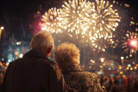 A couple watches fireworks light up the night sky, embracing each other in a vibrant city filled with joyous celebration. Bright colors illuminate their surroundings.の素材