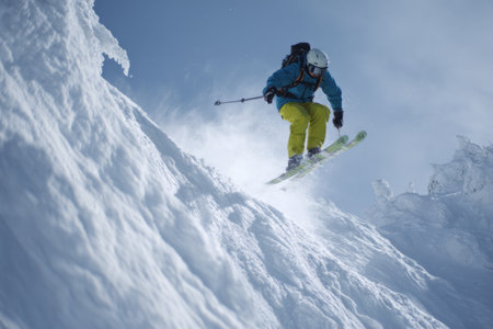 A skier wearing a blue jacket and yellow pants launches off a snowy slope, surrounded by bright winter sunshine and a stunning mountain backdrop. Snow flies in the air.の素材