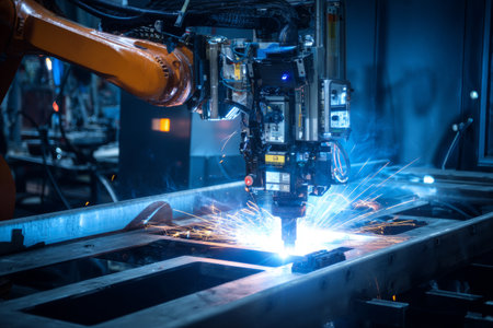 A robotic welding machine works on metal frames in a manufacturing facility during nighttime. Bright sparks fly as it automates the welding process with precision.の素材