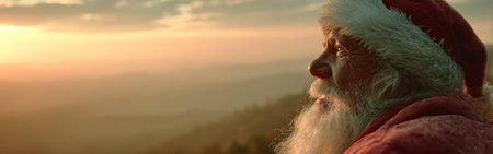 A man dressed as Santa Claus gazes at the golden sunrise, surrounded by serene mountains. The warm light highlights his joyful expression, capturing the spirit of the holiday season.の素材