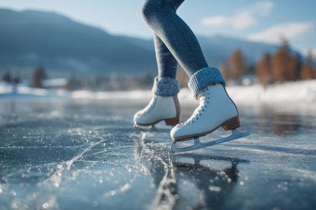 A person enjoys ice skating on a clear frozen lake, with snow-covered trees and mountains in the background. The bright sunlight adds to the beautiful winter scene.の素材