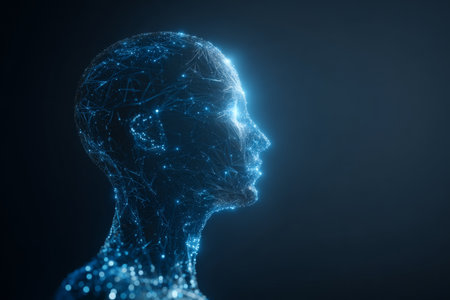 A glowing blue outline of a human head is depicted in profile, with intricate lines and dots representing data connections. This scene illustrates futuristic technology themes.の素材