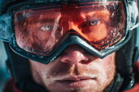 A skier stands in a snowy landscape, wearing protective goggles and winter gear. The focus is on the skiers intense expression and reflections in the goggles.の素材
