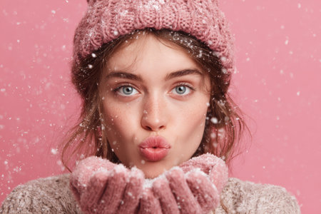A young woman with striking blue eyes is playfully blowing snowflakes from her cupped hands. She wears a warm pink hat and matching gloves, creating a cheerful winter mood against a pink backdrop.の素材