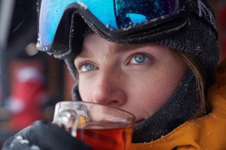 A young person in a winter jacket takes a moment to enjoy a warm drink after skiing. Snow covers the surroundings, and joy is evident in their bright blue eyes.の素材
