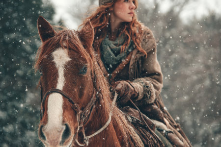 A woman with long hair wears warm clothing while riding a horse amidst falling snow in a serene forest. Trees surround them, creating a peaceful winter scene.の素材
