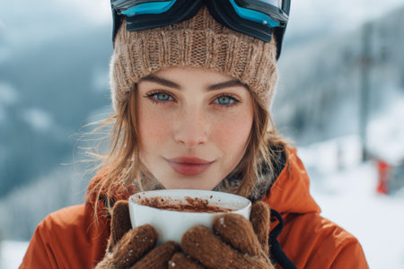 A young woman with stunning blue eyes is holding a warm cup of cocoa while wearing ski gear in a snow-covered mountain landscape. Her cozy outfit and warm drink reflect a perfect winter moment.の素材
